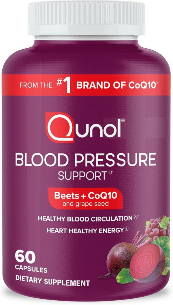 Qunol Blood Pressure Support, 3 in 1 Beets + CoQ10 + Grape Seed Extract, Beet Root Capsules That Supports Healthy Blood Circulation & Heart Healthy Energy, 60 Count (Pack of 1)