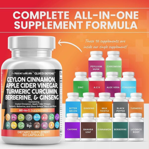 Clean Nutraceuticals Ceylon Cinnamon 3000mg Turmeric 3000mg Apple Cider Vinegar 3000mg Ginseng 2000mg Berberine 1200mg Plus Bitter Melon Gymnema Milk Thistle Fenugreek - Image 2