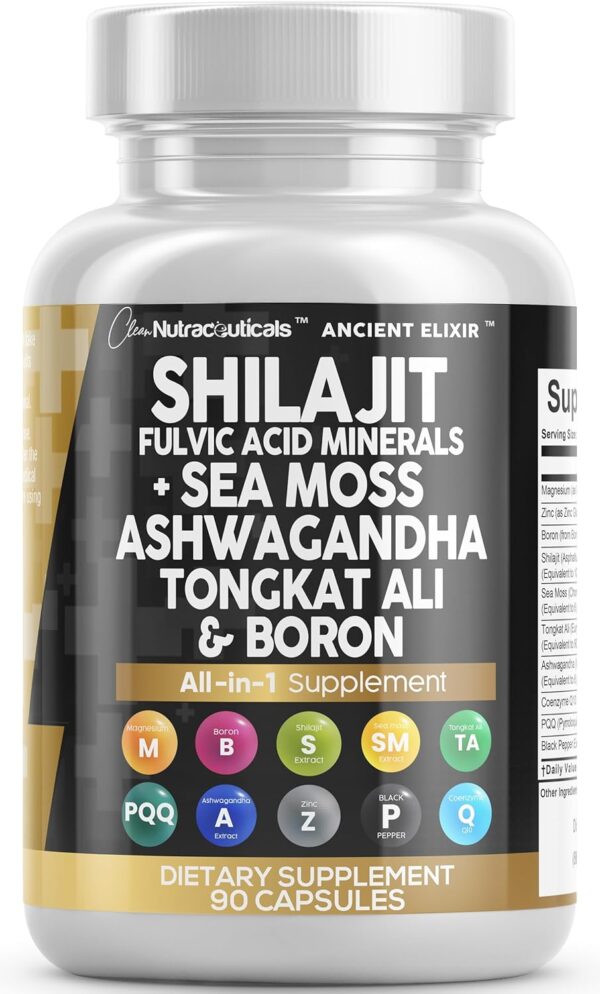 Clean Nutraceuticals Shilajit Supplement 10,000mg with Sea Moss 6000mg, Ashwagandha 6000mg, Tongkat Ali, Boron, Magnesium - Fulvic Acid Capsules for Men - 90 Count