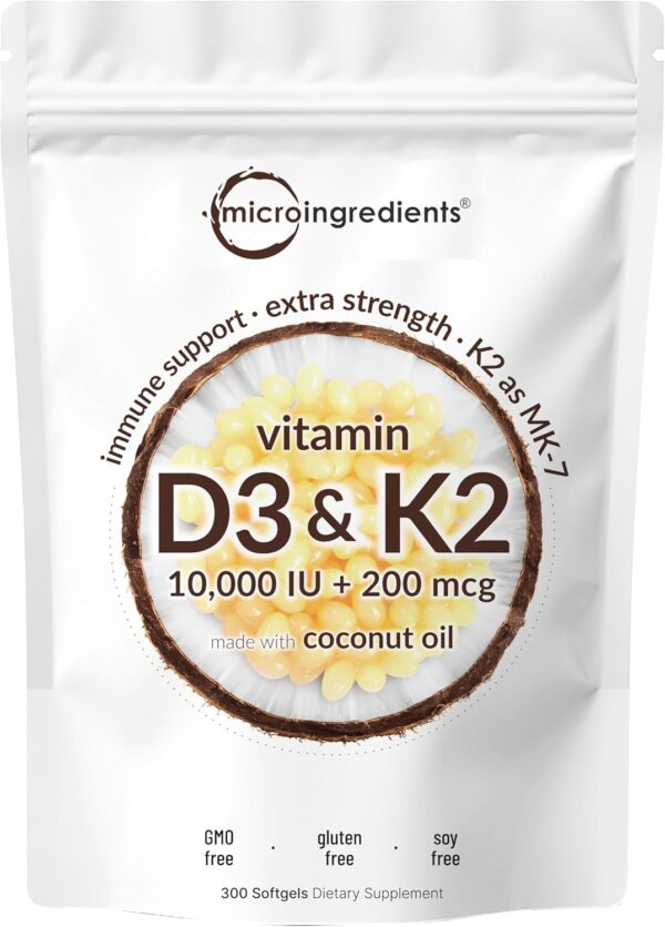 Vitamin D3 10000 iu Plus K2 (MK-7) 200 mcg, 300 Virgin Coconut Oil Softgels| 2 in 1 Vitamins D & K Complex | Supports Calcium Absorption, Bone, Immune, & Heart Health – Easy to Swallow