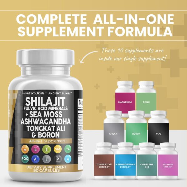 Clean Nutraceuticals Shilajit Supplement 10,000mg with Sea Moss 6000mg, Ashwagandha 6000mg, Tongkat Ali, Boron, Magnesium - Fulvic Acid Capsules for Men - 90 Count - Image 2