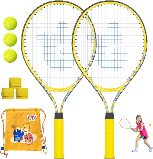 Kids Tennis Racket 2 Pack, Size 21" Recreational Tennis Racquet with 3 Tennis Balls, Carry Bag, 3 Overgrip, Portable Beginners Junior Youth Tennis Training Equipment, Tennis Practice Kit for Boy Girl