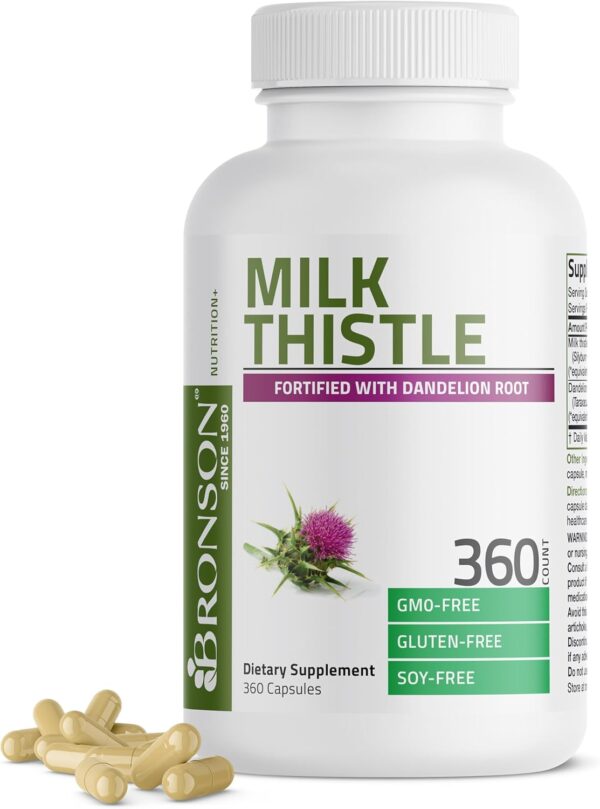 Bronson Milk Thistle Silymarin Marianum & Dandelion Root Liver Health Support, Antioxidant Support, Detox, 360 Capsules