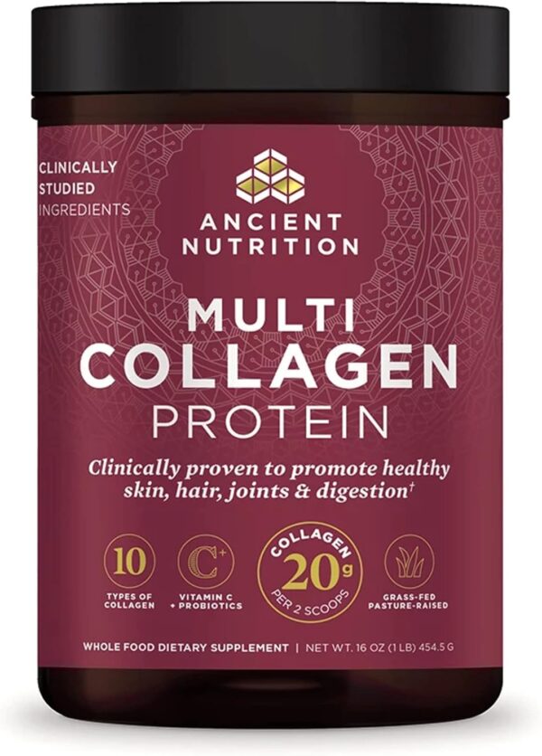 Ancient Nutrition Collagen Powder Protein with Probiotics, Unflavored Multi Collagen Protein with Vitamin C, 45 Servings, Hydrolyzed Collagen Peptides Supports Skin and Nails, Gut Health, 16oz