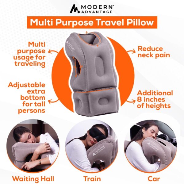 Modern Advantage Inflatable Travel Pillow for Airplanes with Adjustable extra Bottom, Support head & chin to avoid Neck & Shoulder Pain for Travelling office napping with Eye Mask & Earplug, Pack of 2 - Image 5