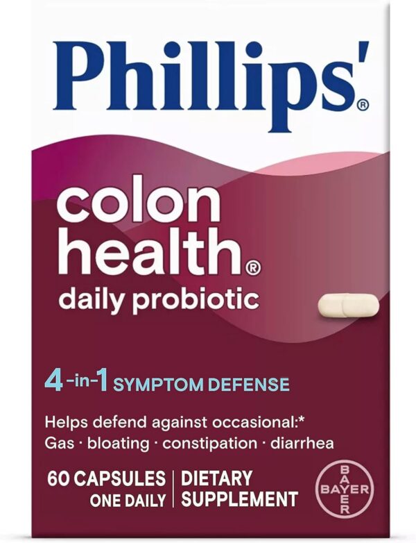 Phillips' Colon Health Daily Probiotic Capsules, 4-in-1 Symptom Defense to help defend against Occasional Gas, Bloating, Constipation, and Diarrhea, Daily Supplement, 60 Count