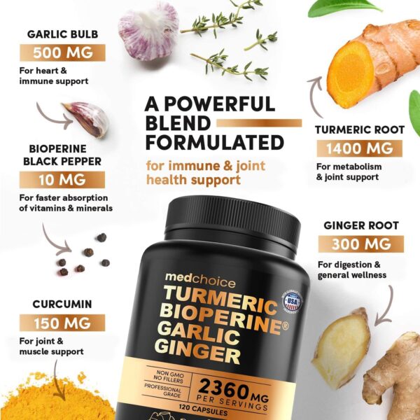 4-in-1 Turmeric and Garlic Supplements with Bioperine 2360 mg (120 ct) Turmeric Ginger Root Capsules with Garlic - Turmeric Curcumin with Black Pepper for Joint, Digestion & Immune Support (Pack of 1) - Image 3