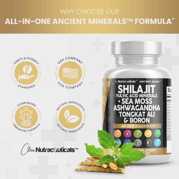 Clean Nutraceuticals Shilajit Supplement 10,000mg with Sea Moss 6000mg, Ashwagandha 6000mg, Tongkat Ali, Boron, Magnesium - Fulvic Acid Capsules for Men - 90 Count - Image 6