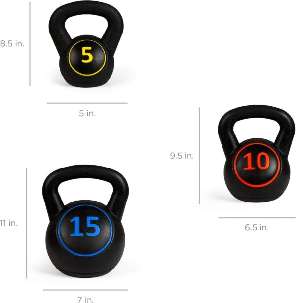 Best Choice Products 3-Piece Kettlebell Set with Storage Rack, HDPE Coated Exercise Fitness Concrete Weights for Home Gym, Strength Training, HIIT Workout 5lb, 10lb, 15lb - Image 6