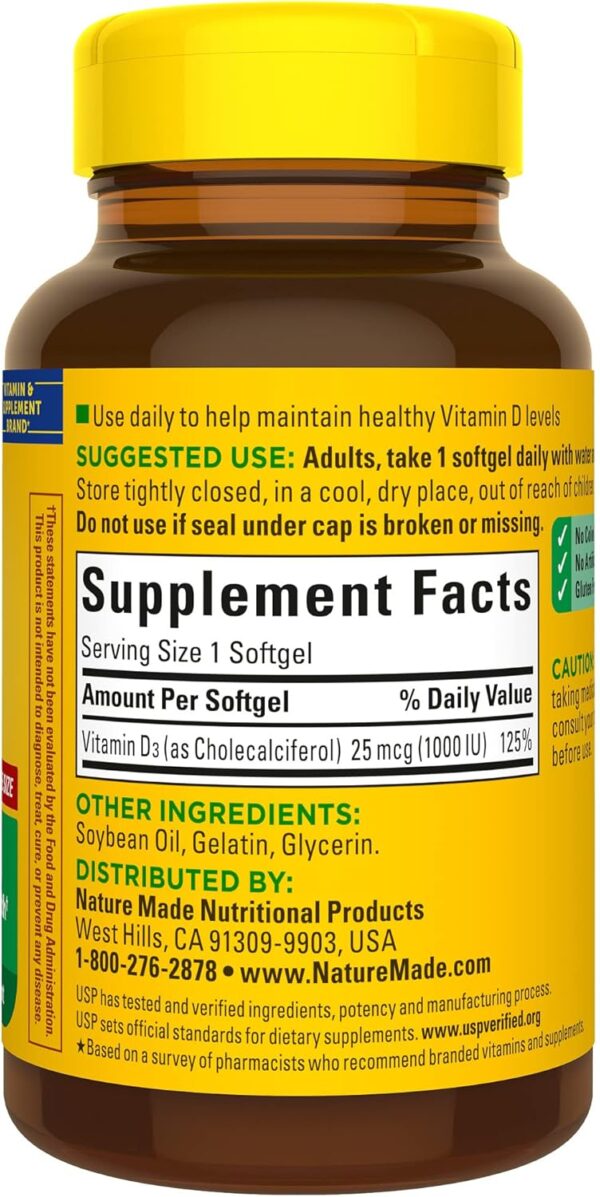 Nature Made Vitamin D3 1000 IU (25 mcg), Dietary Supplement for Bone, Teeth, Muscle and Immune Health Support, 180 Softgels, 180 Day Supply - Image 8