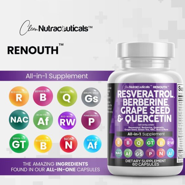 Clean Nutraceuticals Resveratrol 6000mg Berberine 3000mg Grape Seed Extract 3000mg Quercetin 4000mg Green Tea Extract Polyphenol Supplement for Women & Men w/N-Acetyl Cysteine, Acai Extract - 60 Cap - Image 6