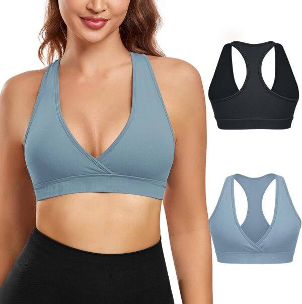 VEQKING Racerback Sports Bra for Women Crossover Deep V-Neck Light Support Bralette, A-C Cup, Pack of 2