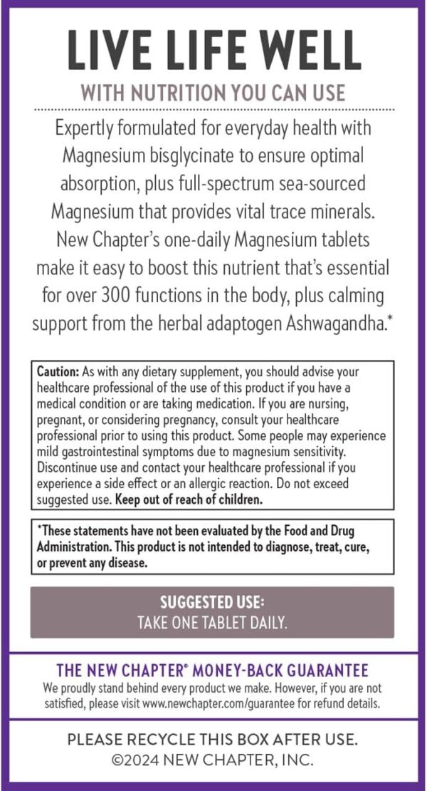 New Chapter Magnesium + Ashwagandha Supplement, 325 mg with Magnesium Glycinate, 2.5x Absorption, Muscle Recovery, Heart & Bone Health, Calm & Relaxation, Gluten Free, Non-GMO - 60 ct (2 Month Supply) - Image 7