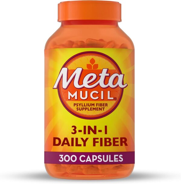 Metamucil 3-in-1 Fiber Capsules, Daily Psyllium Husk Fiber Supplement, Fiber Capsules for Digestive Health, Plant-Based Psyllium Husk Fiber Capsules, #1 Doctor Recommended Fiber Brand, 300ct Capsules