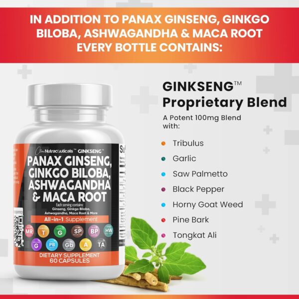 Clean Nutraceuticals Panax Ginseng 10000mg Ginkgo Biloba 4000mg Ashwagandha Maca Root 3000mg - Focus Supplement Pills for Women and Men with Pine Bark Extract, Garlic, and Saw Palmetto - 60 Caps - Image 4