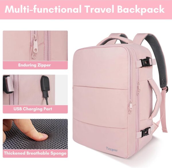 Taygeer Travel Backpack for Women, Carry On Backpack with USB Charging Port & Shoe Pouch, TSA 15.6inch Laptop Backpack Flight Approved, Nurse Bag Casual Daypack for Weekender Business Hiking, Pink - Image 8