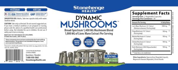 Stonehenge Health Dynamic Mushrooms - 100% Fruiting Bodies & Extracts - Lion’s Mane, Chaga, Maitake, Shiitake, Reishi - Nootropic Brain & Immune System Support - No Mycelium - 60 Veggie Capsules - Image 2