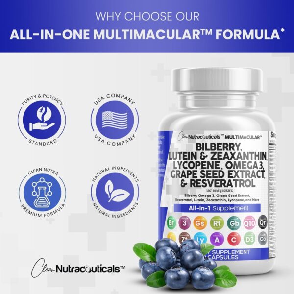 Clean Nutraceuticals Eye Health Vitamins with Bilberry 6000mg Lutein & Zeaxanthin 40mg Lycopene 40mg Resveratrol 3000mg Grape Seed Extract 6000mg Omega 3 4000mg Astaxanthin - Eye Vitamin - 60 Capsules - Image 7