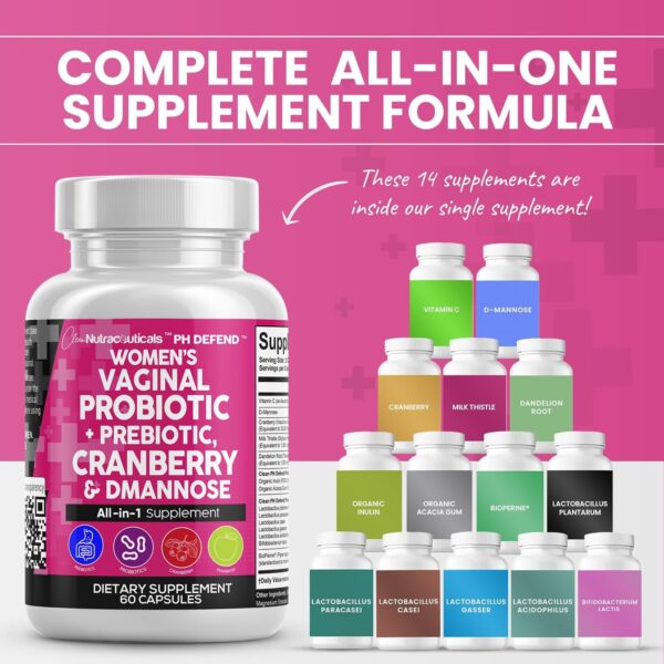 Clean Nutraceuticals Vaginal Probiotics for Women + Prebiotics 20 Billion Cranberry Pills 30,000mg w/D-Mannose 500 mg for Urinary Tract Health pH Balance - for Vaginal Health Supplements Pills - Image 2