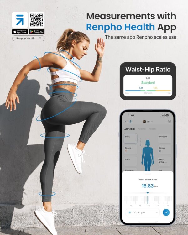 RENPHO Body Measuring Tape, Smart Tape Measure for Weight Loss, Bluetooth Tape with App, Retractable Tape for Measuring Waist, Hip, Bust, Arms, Muscle Gain, Fitness Equipment, 60in /150cm, White - Image 2