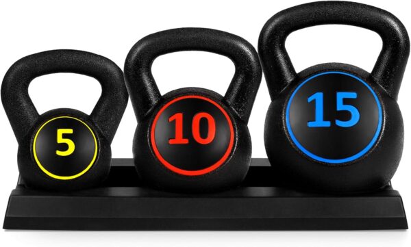 Best Choice Products 3-Piece Kettlebell Set with Storage Rack, HDPE Coated Exercise Fitness Concrete Weights for Home Gym, Strength Training, HIIT Workout 5lb, 10lb, 15lb