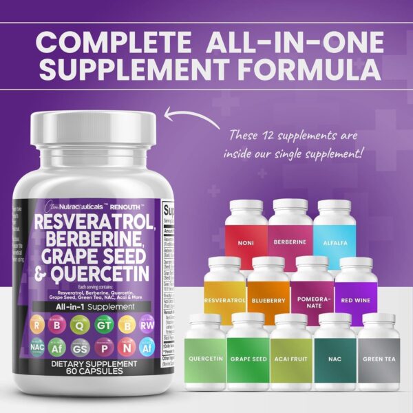 Clean Nutraceuticals Resveratrol 6000mg Berberine 3000mg Grape Seed Extract 3000mg Quercetin 4000mg Green Tea Extract Polyphenol Supplement for Women & Men w/N-Acetyl Cysteine, Acai Extract - 60 Cap - Image 2