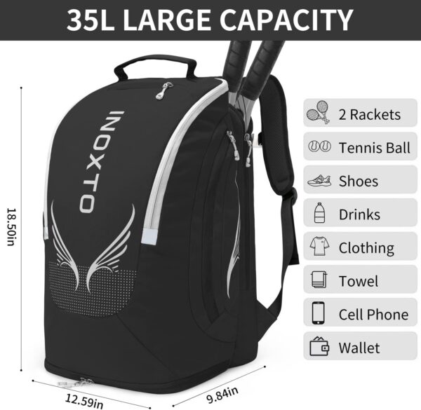 INOXTO 40L Tennis Bags for Women and Men Large Tennis Backpack Can Hold 2 Tennis Rackets, Waterproof and Breathable Pickleball Bag With Independent Shoe Storage for Tennis Badminton Travel Camping - Image 3