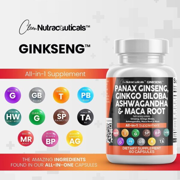 Clean Nutraceuticals Panax Ginseng 10000mg Ginkgo Biloba 4000mg Ashwagandha Maca Root 3000mg - Focus Supplement Pills for Women and Men with Pine Bark Extract, Garlic, and Saw Palmetto - 60 Caps - Image 7