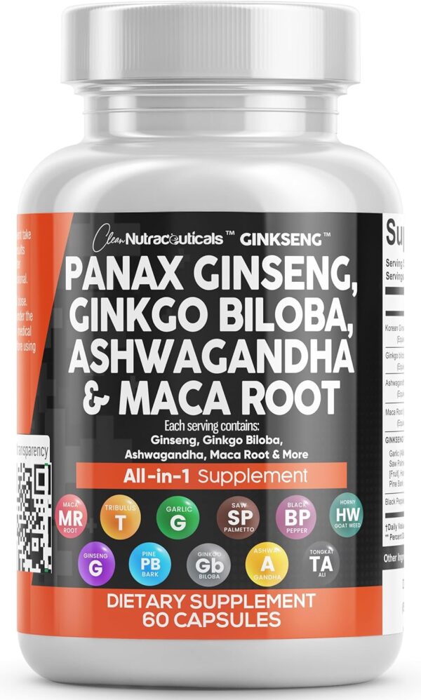 Clean Nutraceuticals Panax Ginseng 10000mg Ginkgo Biloba 4000mg Ashwagandha Maca Root 3000mg - Focus Supplement Pills for Women and Men with Pine Bark Extract, Garlic, and Saw Palmetto - 60 Caps