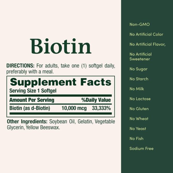 Nature's Bounty Biotin, Supports Healthy Hair, Skin and Nails, 10,000 mcg, Rapid Release Softgels, 120 Ct - Image 5