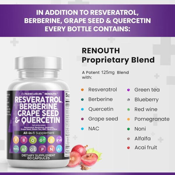 Clean Nutraceuticals Resveratrol 6000mg Berberine 3000mg Grape Seed Extract 3000mg Quercetin 4000mg Green Tea Extract Polyphenol Supplement for Women & Men w/N-Acetyl Cysteine, Acai Extract - 60 Cap - Image 5