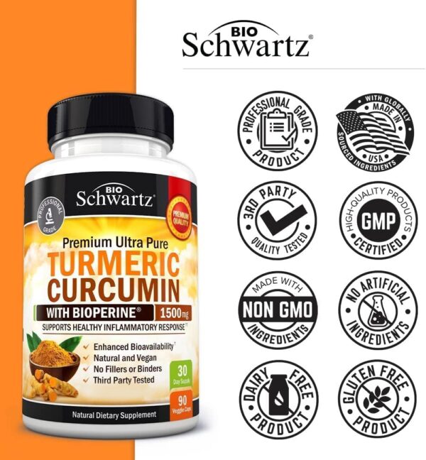 Turmeric Curcumin with Black Pepper Extract 1500mg - High Absorption Ultra Potent Turmeric Supplement with 95% Curcuminoids and BioPerine - Non GMO Turmeric Capsules for Joint Support - 90 Capsules - Image 7