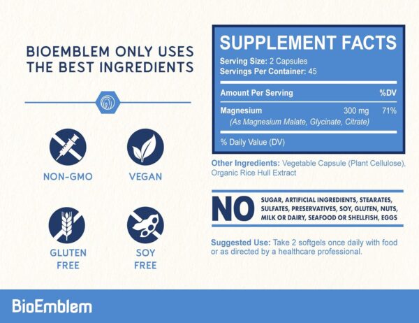 BioEmblem Triple Magnesium Complex | 300mg of Magnesium Glycinate, Malate, & Citrate for Muscles, Nerves, & Energy | High Absorption | Vegan, Non-GMO | 90 Capsules - Image 3