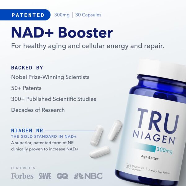 TRU NIAGEN Patented NAD+ Supplement for Anti Aging and Cell Regeneration, 300 mg Niagen, 30 Servings | Supports Cellular Energy, Brain, Muscle | Nicotinamide Riboside (NR) Take 1 Daily | 1 Bottle - Image 2