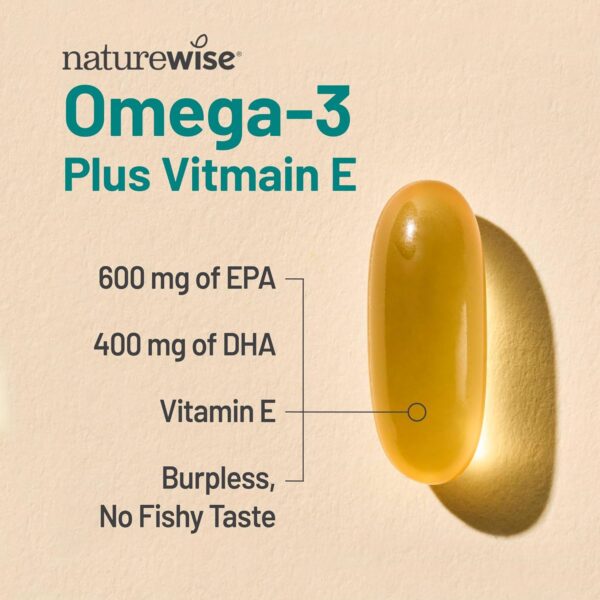 NatureWise Extra-Strength Omega 3 Fish Oil Supplement - 1000mg per Serving - 600 EPA & 400 DHA and Vitamin E - Support for Heart & Brain Health - Lemon Flavor, GMO-Free - 60 Softgels[1-Month Supply] - Image 3