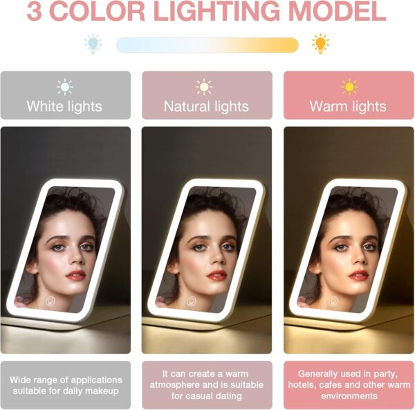 Kintion Travel Makeup Mirror, Portable LED Lighted Makeup Mirror, 360° Rotation Touch Screen Vanity Mirror, 60 LEDs, 3-Color Dimmable Lighting, Rechargeable Tabletop Folding Cosmetic Mirror, Pink - Image 3