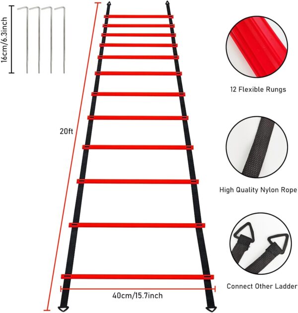 Pro Speed & Agility Training Set—Includes 12 Rung 20ft Adjustable Agility Ladder with Carrying Bag, 12 Disc Cones, 4 Steel Stakes, 1 Resistance Parachute, Use Equipment to Improve Footwork Any Sport - Image 3