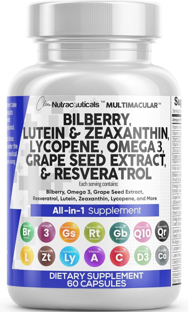 Clean Nutraceuticals Eye Health Vitamins with Bilberry 6000mg Lutein & Zeaxanthin 40mg Lycopene 40mg Resveratrol 3000mg Grape Seed Extract 6000mg Omega 3 4000mg Astaxanthin - Eye Vitamin - 60 Capsules