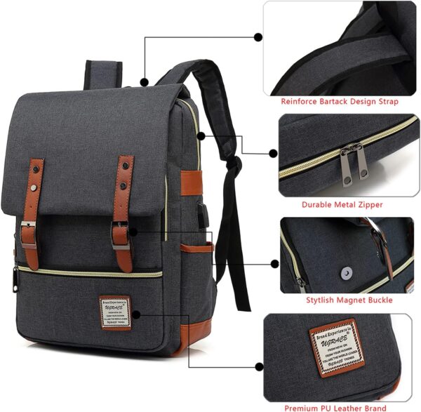 UGRACE Vintage Laptop Backpack with USB Charging Port, Elegant Water Resistant Travelling Casual Daypacks College Shoulder Bag for Men Women, Fits up to 15.6Inch Laptop in Black - Image 4