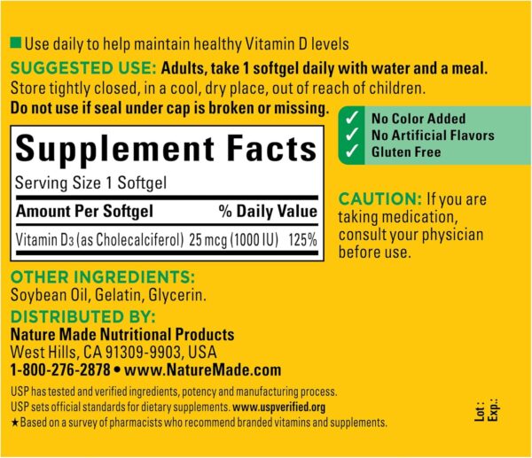 Nature Made Vitamin D3 1000 IU (25 mcg), Dietary Supplement for Bone, Teeth, Muscle and Immune Health Support, 180 Softgels, 180 Day Supply - Image 5