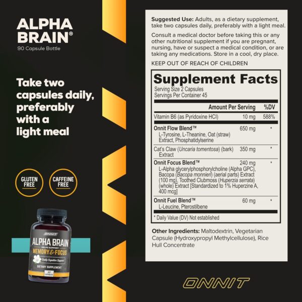 ONNIT Alpha Brain Nootropic Brain Supplement for Men & Women | Memory, Mental Clarity & Cognitive Improvement | Focus Capsules with L-Theanine, Vitamin B6 & Phosphatidylserine (90 Count) - Image 3