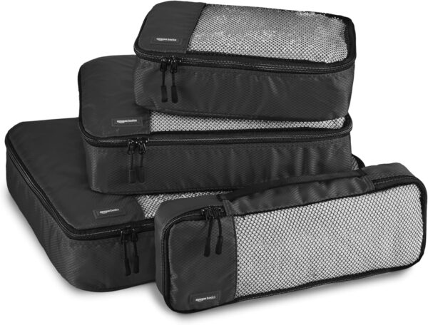 Amazon Basics 4 Piece Packing Durable Travel Organizer Mesh Zipper Cubes Set, Small, Medium, Large, Slim, Black