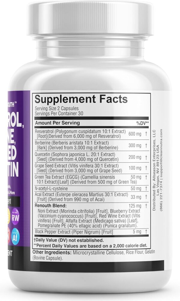 Clean Nutraceuticals Resveratrol 6000mg Berberine 3000mg Grape Seed Extract 3000mg Quercetin 4000mg Green Tea Extract Polyphenol Supplement for Women & Men w/N-Acetyl Cysteine, Acai Extract - 60 Cap - Image 4