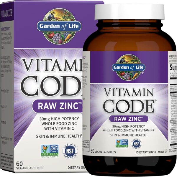 Garden of Life Zinc Supplements 30mg High Potency Raw Zinc and Vitamin C Multimineral Supplement, Vitamin Code Vitamins Trace Minerals & Probiotics for Skin Health & Immune Support, 60 Vegan Capsules