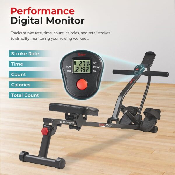 Sunny Health & Fitness Compact Adjustable Rowing Machine with 12 Levels of Resistance for Complete Body Workouts and Optional Free SunnyFit App Enhanced Connectivity - Image 4