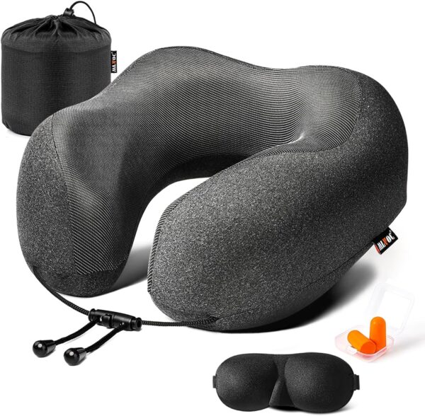 MLVOC Travel Pillow 100% Pure Memory Foam Neck Pillow, Comfortable & Breathable Cover, Machine Washable, Airplane Travel Kit with 3D Contoured Eye Masks, Earplugs, and Luxury Bag, Standard (Black)