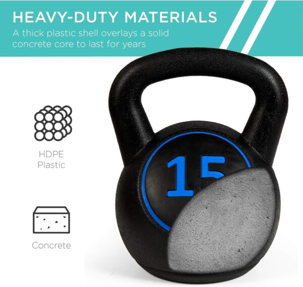 Best Choice Products 3-Piece Kettlebell Set with Storage Rack, HDPE Coated Exercise Fitness Concrete Weights for Home Gym, Strength Training, HIIT Workout 5lb, 10lb, 15lb - Image 4