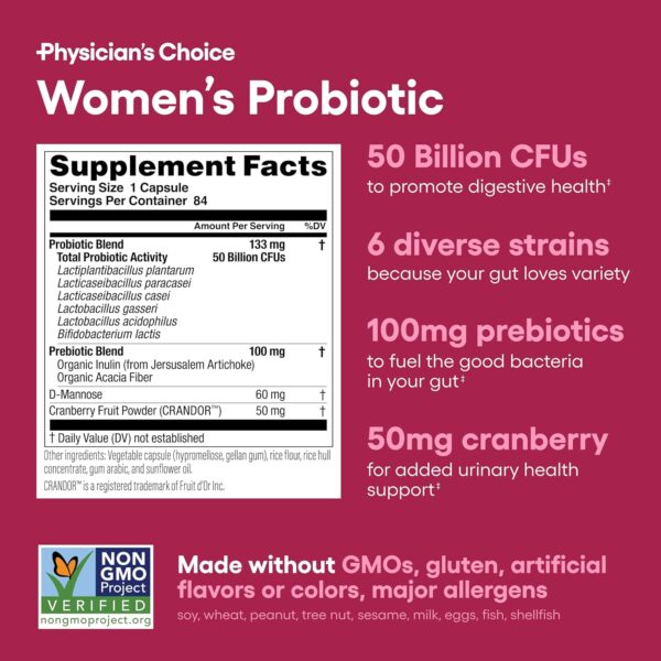 Physician's Choice Probiotics for Women - PH Balance, Digestive, UT, & Feminine Health - 50 Billion CFU - 6 Unique Strains for Women - Organic Prebiotics, Cranberry Extract+ - Womens Probiotic - 84 CT - Image 4