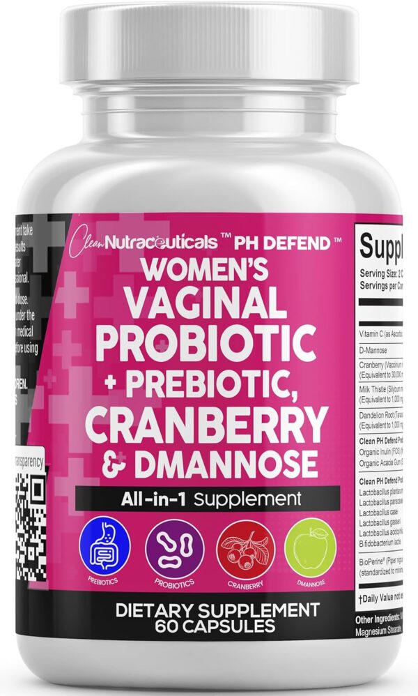 Clean Nutraceuticals Vaginal Probiotics for Women + Prebiotics 20 Billion Cranberry Pills 30,000mg w/D-Mannose 500 mg for Urinary Tract Health pH Balance - for Vaginal Health Supplements Pills