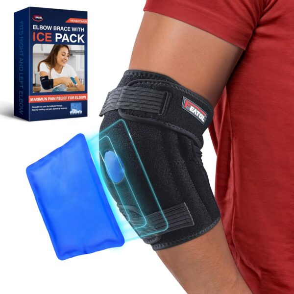 FEATOL Elbow Brace with Ice Pack for Tendonitis and Tennis Elbow-Pain Relief for Cubital Tunnel, Golfers Elbow, Ulnar Nerve Entrapment-Reusable Elbow Ice Pack Brace for Men and Women, Small